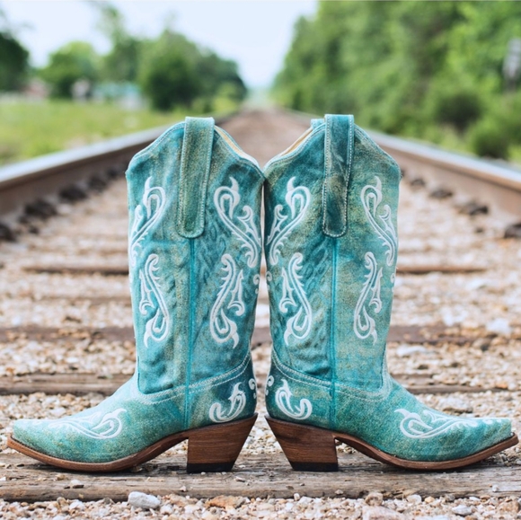 CORRAL R1973 Turquoise Cortez ivory embroidered cowgirl boots snip toe sz6.5 euc - Picture 1 of 16